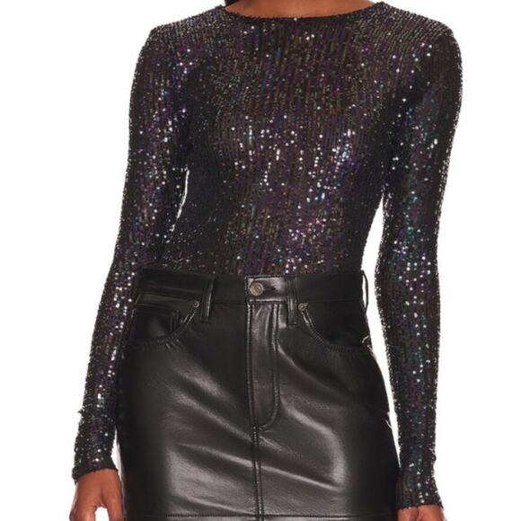 Free People Gold Rush Sequin Long Sleeve Top - Black Combo Size XS - Picture 2 of 8
